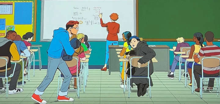 Arte conceptual de Peter Parker tratando de entrar a las clases de matemáticas sin que la profesora se de cuenta de su ausencia de la misma.