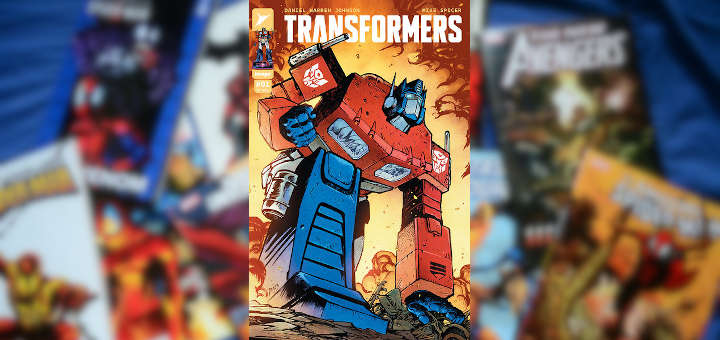 Volumen 1: Robots in Disguise – Portada de 'Transformers 1' de Daniel Warren Johnson y Mike Spicer.